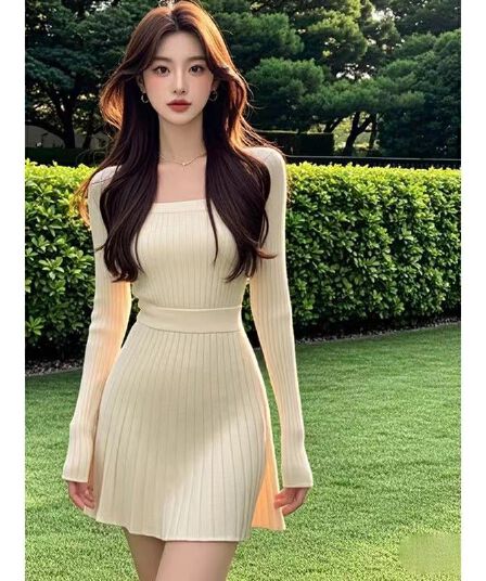 드레스 가을 겨울 여자 새로운 허리 수축 슬림해 보이는 품격 부드러운 빛 요리 한 쌀 살구 색상 긴팔 짧은 치마