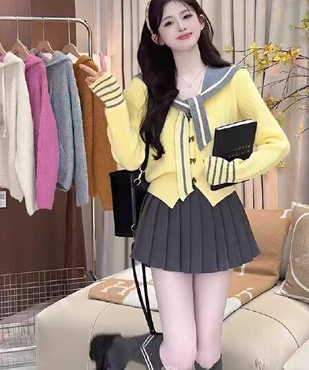 한 부서 달콤함 연령 감소 해군 칼라 니트 오픈 가디건 여성 가을 겨울 새로운 고유 한 Chic 쇼트 스타일 스웨터 코트 맨위