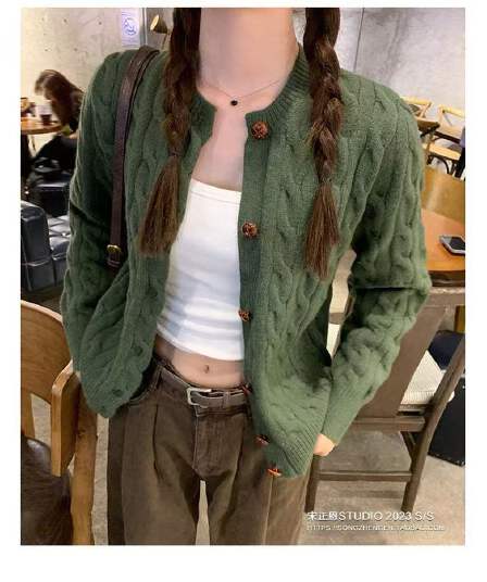 한국 레트로 스타일 단추 꽈배기 니트 오픈 가디건 여성 가을 새로운 루즈핏 한 부서 Chic 슬림해 보이는 긴팔 맨위