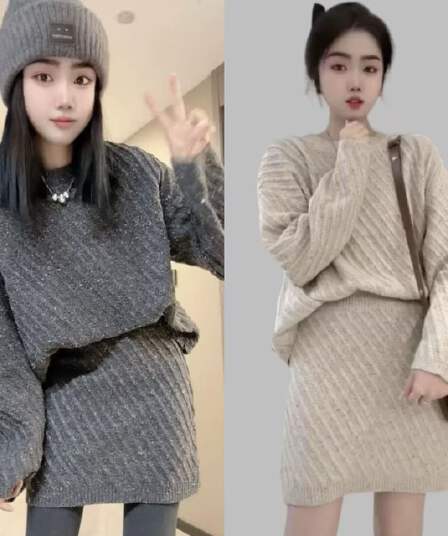 한국 동대문 패션 느긋한 바람 루즈핏 사선 무늬 스웨터 허리밴드 양모 미니 스커트 세트