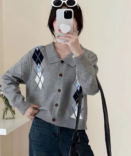 고급 센스 링 그리드 POLO 칼라 스웨터 여성 코트 루즈핏 가을 의상 새로운 한 부서 느긋한 니트 스웨터 오픈 가디건