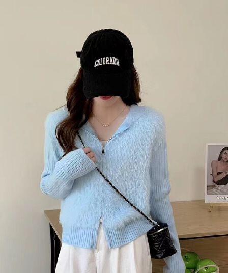 한 부서 새로운 모방 밍크 플리스 후드 스웨터 여성 코트 가을 겨울 느긋한 바람 루즈핏 더블 머리 지퍼 니트 오픈 가디건