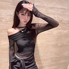 批发IMMR两件套露肩性感打底衫秋季新款女基础简约纯色针织上衣t恤