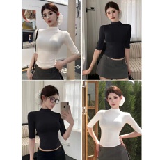 批发新韩系时尚纯色简约修身显瘦T恤女亲肤舒适人棉半高领<b class='q'>中袖</b>T恤