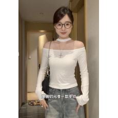 批发早秋辣妹风显瘦长T恤小心机挂脖一字领修身设计多种穿法上衣