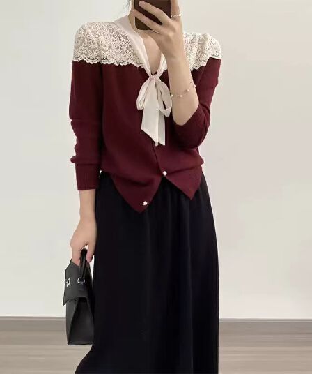 프랑스식 패치워크 홀로우 아웃 레이스업 나비 매듭 긴팔 맨위 여성 가을 디자인 센스 작은 대중 품격 인사이드 가져 가라. 기본 셔츠