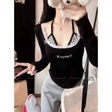 批发秋季甜美假两件长袖T恤女带胸垫打底内衣修身显瘦外穿打底衫