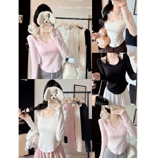 批发欧美风女时尚秋季欧美纯色挂脖系带长袖蝴蝶结上衣T恤带胸垫