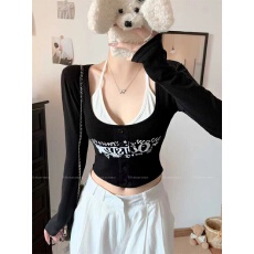 批发早秋新款纯欲假两件字母印花撞色长袖修身百搭一体式带胸垫