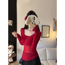 批发早秋新款纯欲性感正肩U领蕾丝拼接长袖修身一体式带胸垫上衣