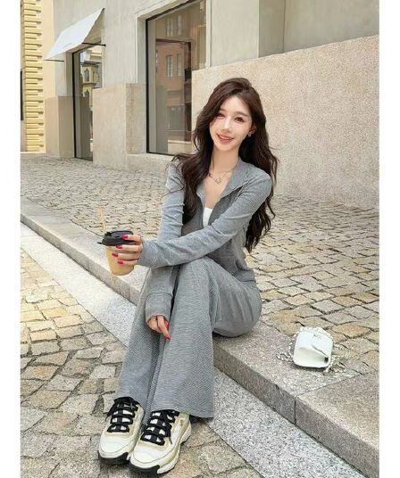 느긋한 오래된 돈 바람 lulu 캐주얼 운동 피트니스 회색 스트라이프 몸매 가꾸기 요가 와이드 레그 팬츠 투피스 슈트