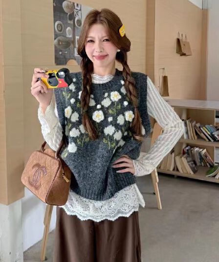 가을 의상 새로운 3 차원 꽃 니트 조끼 여자 루즈핏 스웨터 민소매 어깨 조끼 맨위