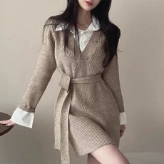 批发韩国chic秋冬气质慵懒风高级感<b class='q'>假两件</b>绑带收腰长袖<b class='q'>衬衫</b>拼接针织裙