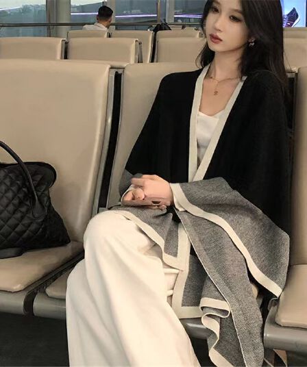 고급 센스 배색 양모 망토 숄 여성 봄 가을 느긋한 보온 스카프 니트 재킷