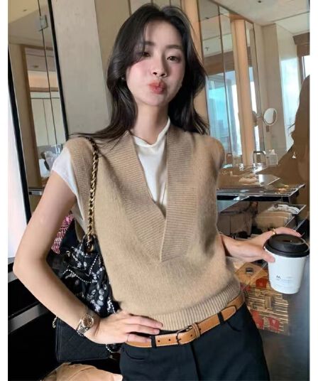 고급 센스 V넥 스택 착용 니트 베스트 조끼 여성 봄 가을 어깨 외부 가져 가라. 부드러운 찹쌀 스웨터 조끼 민소매 맨위