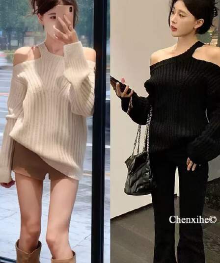 한국 동대문 자이언트 잘 생긴 행침 목 비스듬한 어깨 디자인 센스 루즈핏 스웨터 느긋한 센스 외출용 구덩이 기사 니트 스웨터 켜기