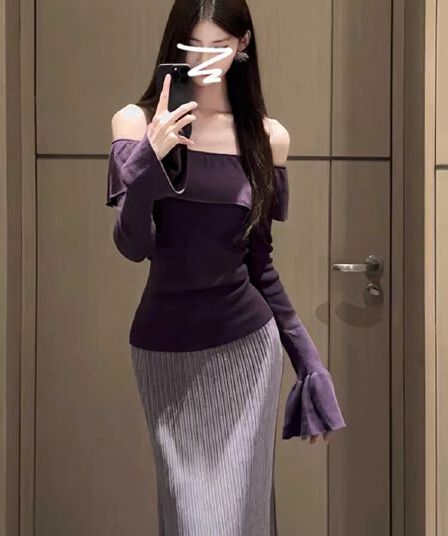 한 부서 프릴 오프숄더 풀오버 니트 스웨터 여성 가을 겨울철 작은 대중 디자인 순수한 욕망 바람 몸매 가꾸기 슬림해 보이는 맨위