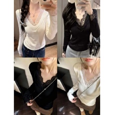 批发磨毛-蕾丝拼接长袖<b class='q'>t</b><b class='q'>恤</b>打底衫女内搭气质显瘦上衣法式秋冬款