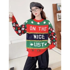 批发圣诞风毛衣女2025年新款慵懒风<b class='q'>冬</b>季圆领针织衫条纹套头加厚上衣
