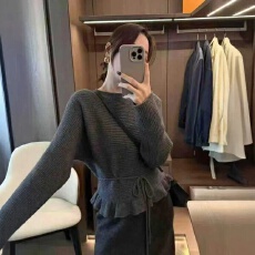 批发时尚<b class='q'>荷叶边</b>系带收腰针织衫女秋冬韩系百搭小众上衣长袖圆领短<b class='q'>毛衣</b>