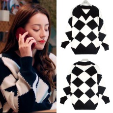 批发迪丽热巴<b class='q'>明星</b><b class='q'>同款</b>针织衫女2025新款女装休闲长袖黑白撞色宽松毛衣