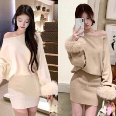 批发韩国东大门新款一字肩白色针织<b class='q'>连衣裙</b>子女秋冬御姐辣妹内搭毛衣包