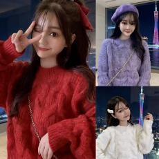 批发韩国东大门毛衣女宽松套头慵懒风秋冬加厚小个子外穿洋气保暖