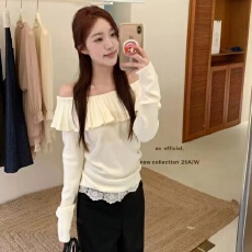 批发韩系简约百搭一字肩<b class='q'>荷叶边</b>长袖针织衫女秋冬新款修身显瘦打底上衣