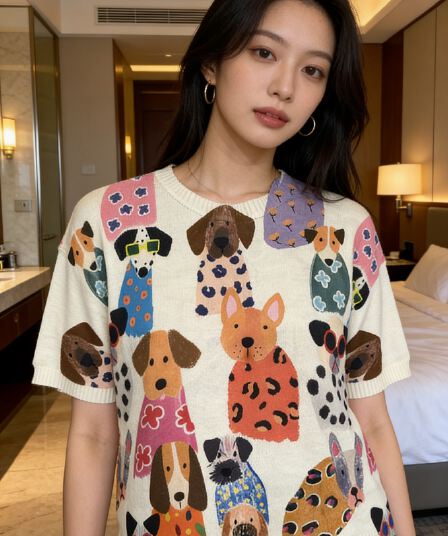 실사 한국 동대문 스타 같은 단락 면 린넨 레트로 낙서 프린트 반팔 여성 디자인 센스 작은 대중 루즈핏 여름