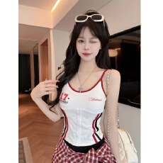 批发夏季新款帅气撞色印花拼接吊带背心<b class='q'>修身</b>显瘦一体式带胸垫女