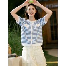 批发冰丝针织衫条纹短袖t恤女新款夏季洋气减龄<b class='q'>宽松</b><b class='q'>上衣</b>正肩体恤