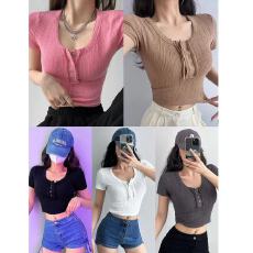 批发修身显瘦<b class='q'>韩版</b>大圆领<b class='q'>打底衫</b>女紧身短袖t恤女纯色短款上衣批发