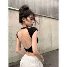 批发夏欧美性感辣妹风后背交叉短款露背短袖<b class='q'>T</b><b class='q'>恤</b>圆领正肩上衣