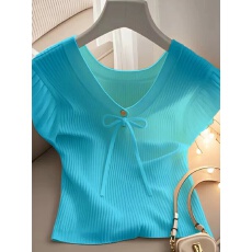 批发法式别致绝美设计感小众<b class='q'>上衣</b>夏季薄款修身显瘦白色针织短袖T恤女