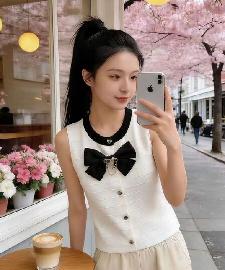 작은 샤넬 스타일 나비 매듭 니트 조끼 여자 여름 섹션 스택 착용 고급 센스 조끼 조끼 프랑스식 민소매 작은 맨위