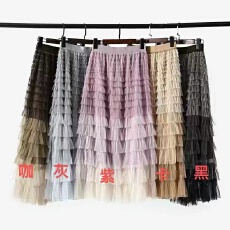 批发法式仙女气质多层次拼色网纱半身裙女秋季2026高腰A字层层蛋糕裙