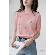 批发小香风花朵镂空针织短袖女装夏季新款设计感小众百搭<b class='q'>宽松</b><b class='q'>上衣</b>