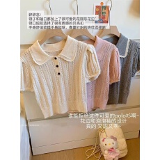 批发纯色<b class='q'>娃娃领</b>麻花泡泡袖针织衫女夏季2026新款收腰百搭短款内搭短袖
