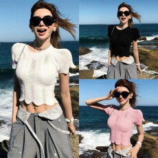 批发<b class='q'>韩国</b>东大门辣妹镂空短袖冰丝针织衫女夏修身显瘦短款上衣