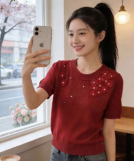 2026 새로운 봄 여름 디자인 센스 작은 대중 Chic 무거운 작업 비즈 박기 반팔 티셔츠 여성 몸매 가꾸기 맨위 패션