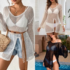 批发<b class='q'>欧美</b>女装新款跨境亚马逊V领沙滩罩衫镂空侧开叉个性长袖沙滩裙