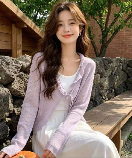 2026 년 여름 새로운 디자인 센스 부드러운 달콤한 스타일 V넥 프릴 레이스업 니트 오픈 가디건 국방