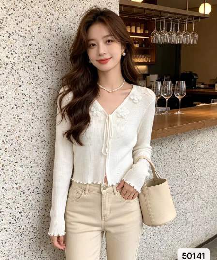 2026 년 여름 새로운 디자인 센스 한 부서 패션 미니멀리즘 V넥 마이크로 ~을 통해 니트 긴 소매 오픈 가디건