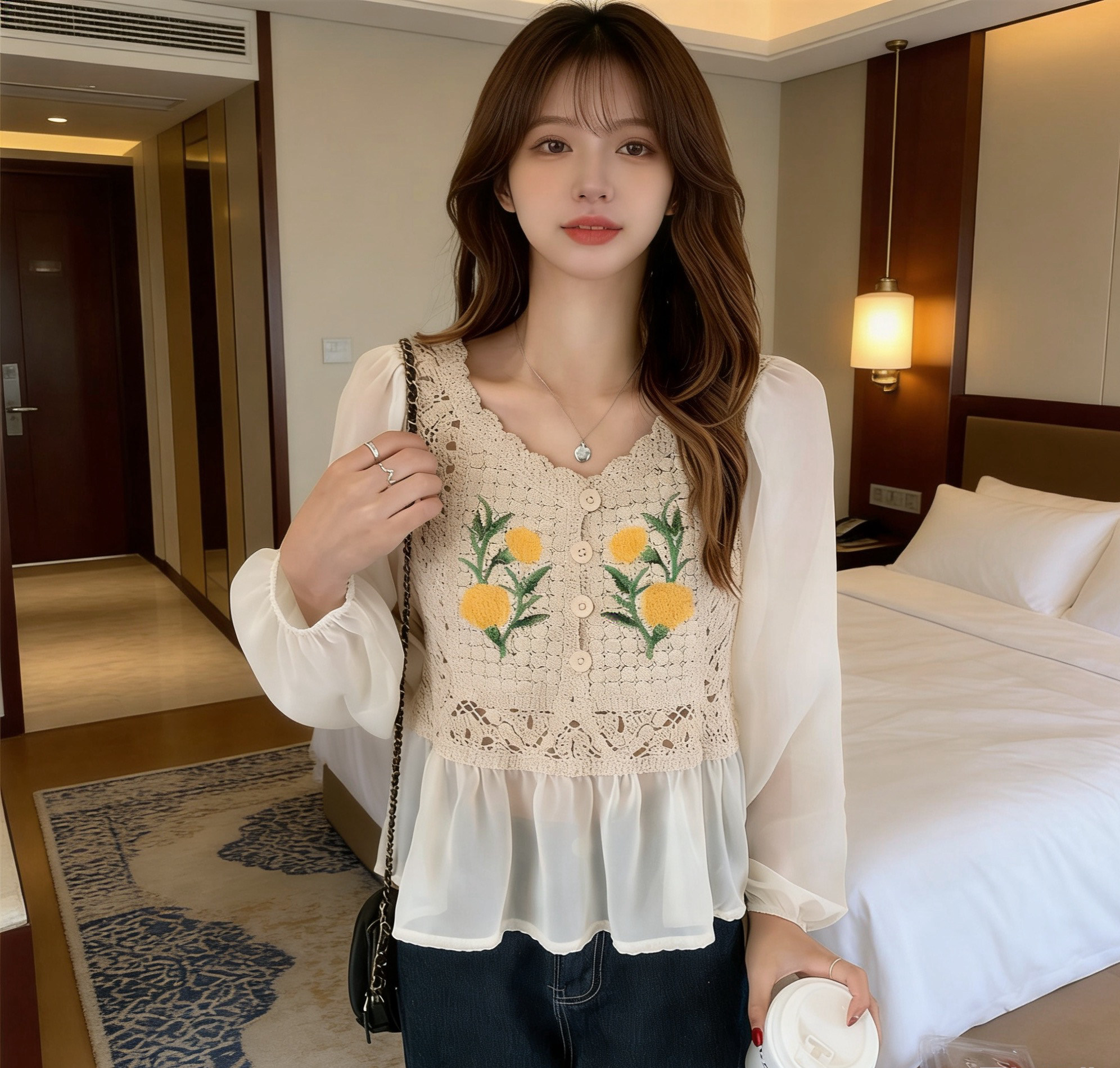 한국 레트로 외국 가스 작은 꽃 자카드 쉬폰 패치워크 긴팔 루즈핏 쇼트 스타일 셔츠 여성 셔츠