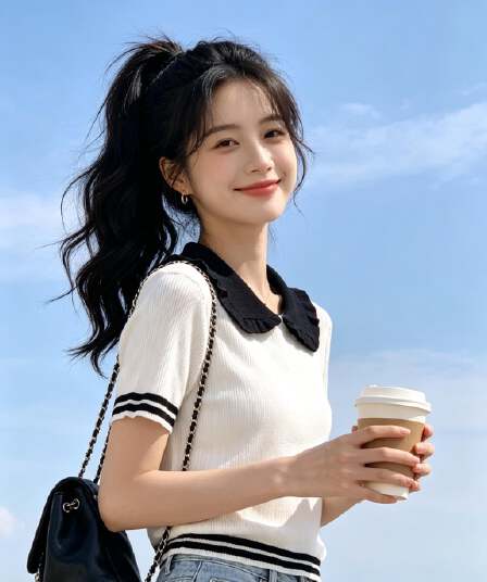 한 부서 chic 배색 베이비 칼라 반팔 얼음 실크 니트 스웨터 여성 여름 새로운 슈퍼 잘 생긴 슬림해 보이는 쇼트 스타일 맨위