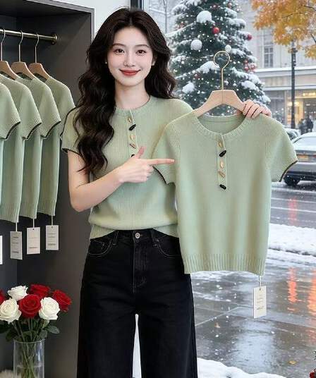 여름 얼음 실크 반팔 티셔츠 여성 루즈핏 빅 사이즈 라운드 넥 슬림해 보이는 맨위 패션 외국 가스 다용도 새로운 니트 스웨터