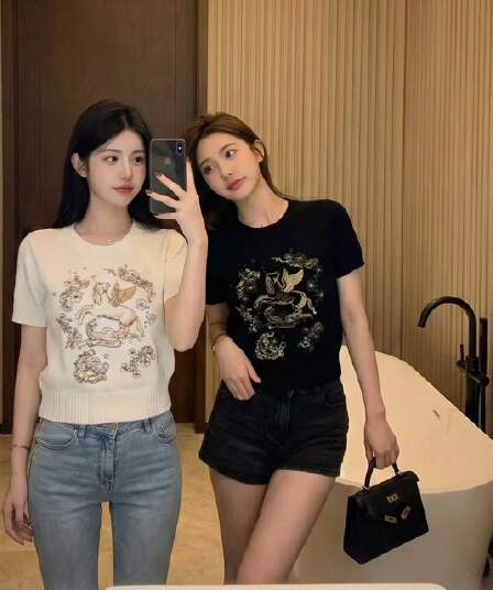 작은 말 자수 라운드 넥 반팔 티셔츠 여성 여름 디자인 센스 몸매 가꾸기 슬림해 보이는 다용도 살구 색상 긍정적 인 어깨 니트 스웨터 맨위