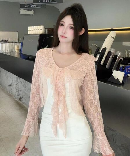 순수한 욕망 숄 여름 연꽃 잎 긴팔 얇은 스타일 홀로우 아웃 재킷 나팔 레이스 레이스업 자외선 차단 오픈 가디건 블라우스 맨위