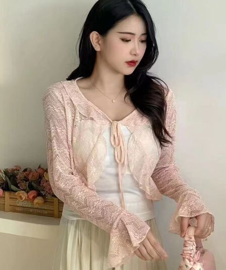 2026 년 새로운 여름 새로운 한 부서 부드러운 달콤한 스타일 프릴 레이스 나팔 소매 자외선 차단 의류