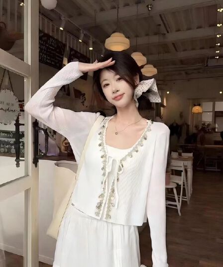 부드러운 바람 무거운 작업 V넥 오픈 가디건 얼음 실크 자외선 차단 옷 여름 한 부서 경기 치마 니트 에어컨 셔츠 얇은 맨위